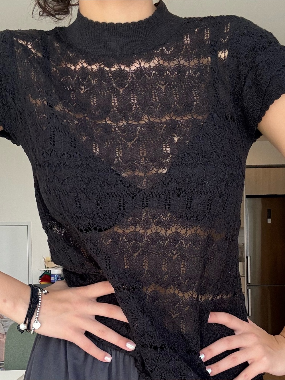 Black Lace Knit Short Sleeve Top